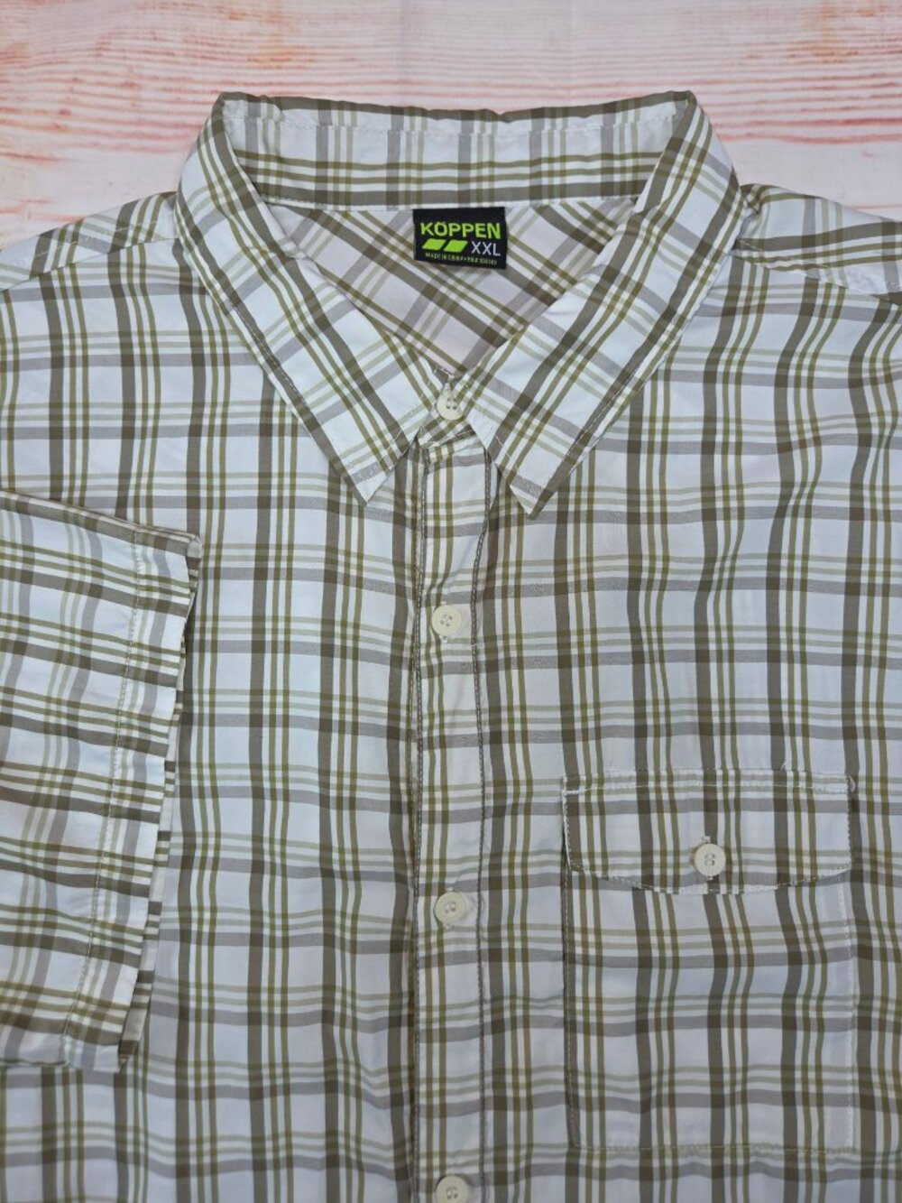 Koppen Mens Green Plaid Button-Up Shirt XXL Short Sleeve